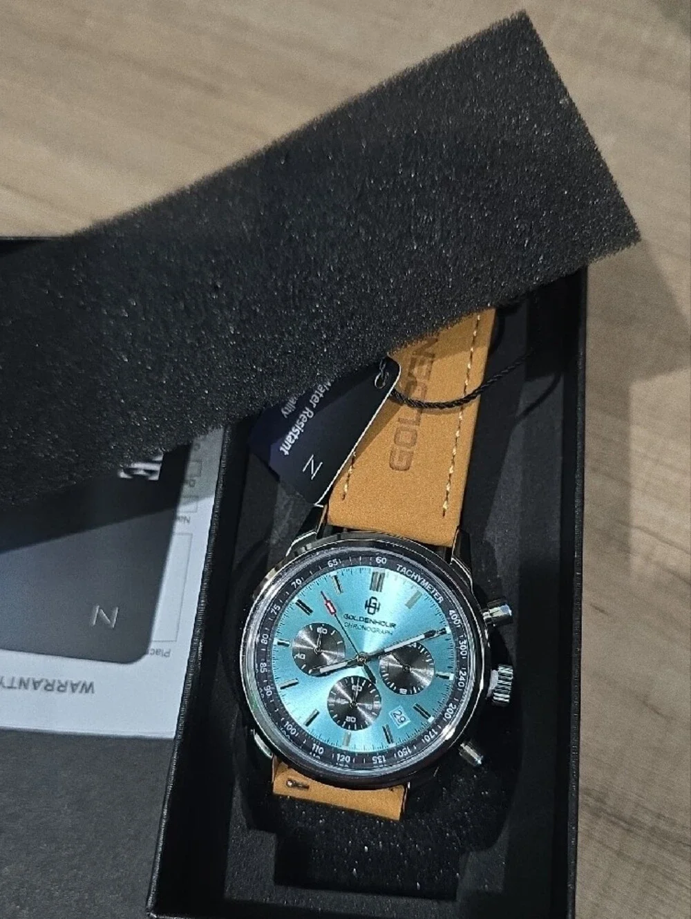 Goldenhour Chronograph Watch - Light Blue Dial, Tan Leather Strap